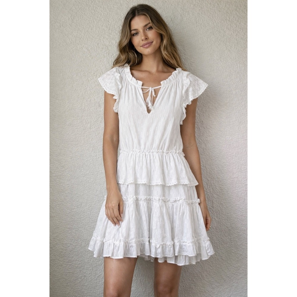 MISA Los Angeles‎ Ruffle Mini Dress White Eyelet Tiered Flutter Sleeve L